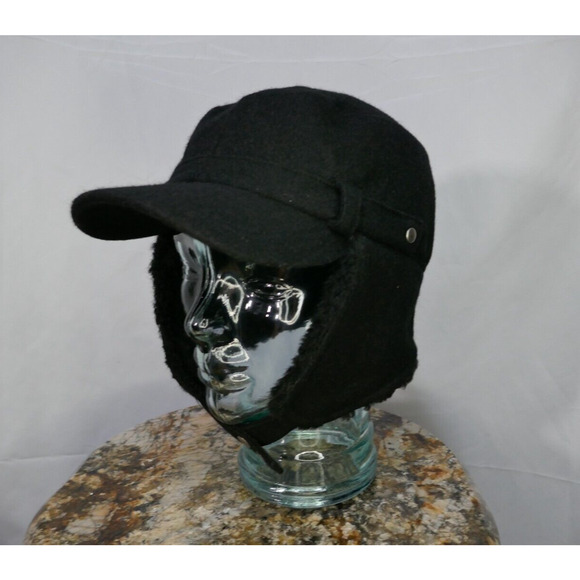Calvin Klein Black Trapper Trooper Hat Chin Strap Ear Flaps Faux Fur One Size - Picture 8 of 16